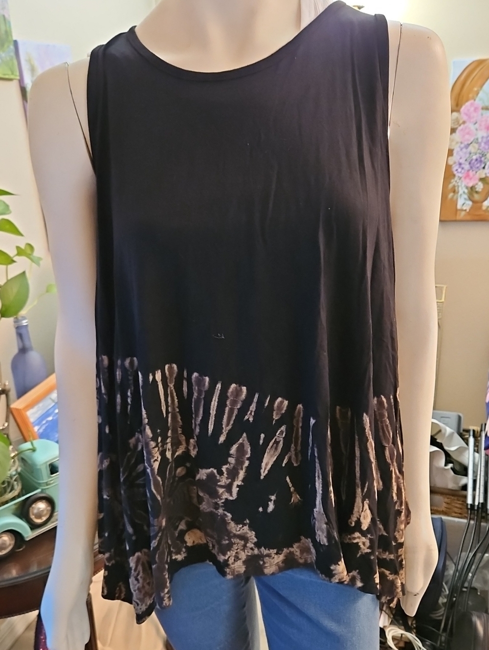 Black/Brown Tie-Dye Assymetric Hem Sleeveless Tunic Top